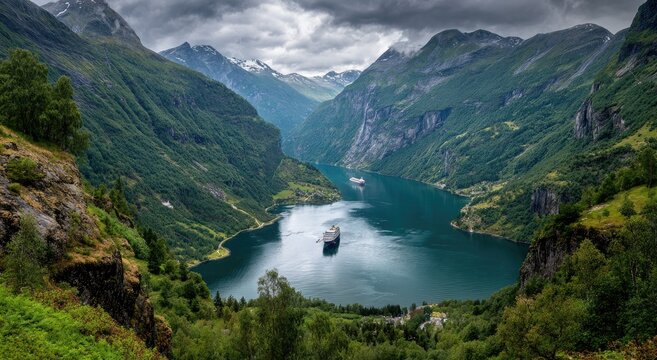 Majestic fjord scene, cruise ships, towering green mountains, cloudy sky, serene water