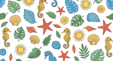 Seamless summer pattern with hand drawn seahorses starfish shells and tropical leaves © Kosong