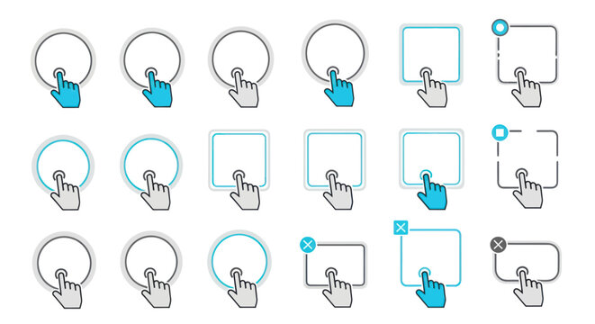 Vector set of click hands for touch screen gestures and user interface icons.