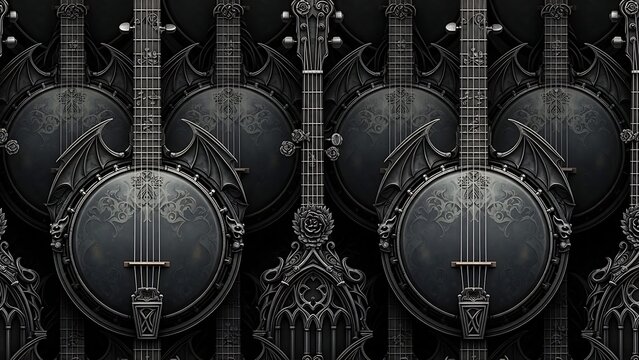 Dark Gothic Banjo Instruments Pattern in Black and White.