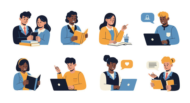 Collection of diverse people studying and working in a flat vector illustration style