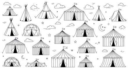 Set of black and white camping tent and circus marquee line art icons. © Kosong