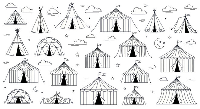 Set of black and white camping tent and circus marquee line art icons.