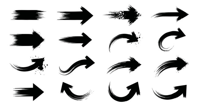 Set of black grunge brush stroke arrows on white background.