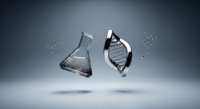 Conceptual Science Still Life: Smoked Gray Quartz Beaker and Mirror-Finish Chrome DNA Floating in Slate Gray Luxury Gallery, Synthetic Biology and Genetics Art Installation