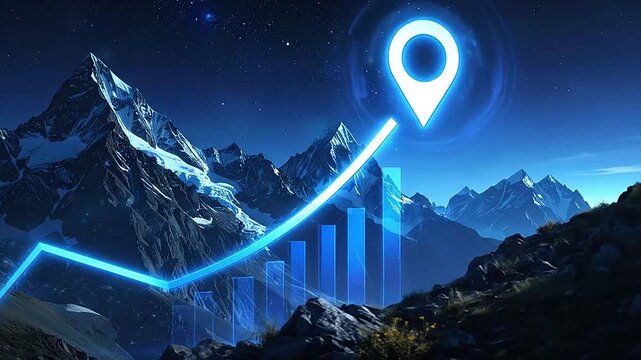 A glowing arrow pointing upwards over a mountain range at night, representing growth and success