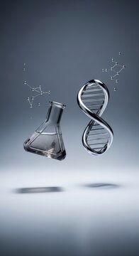 Conceptual Science Still Life: Smoked Gray Quartz Beaker and Mirror-Finish Chrome DNA Floating in Slate Gray Luxury Gallery, Synthetic Biology and Genetics Art Installation