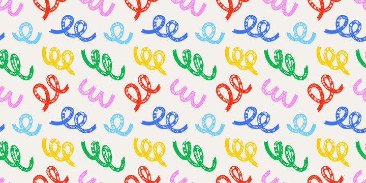 Bright multicolor scribble seamless pattern with swirling marker lines and messy loops. Hand drawn serpentine doodle curves and squiggles in expressive childlike style. Abstract geometric texture.
