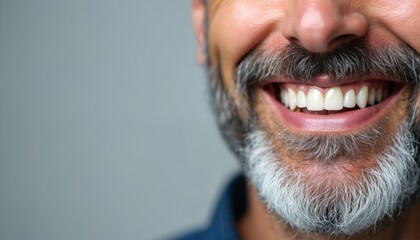 Fototapeta premium Mature man with beard smiles showing perfect white teeth. Healthy gums and dental implants give him natural confidence. Happy expression for his facial grooming.