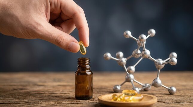 Wellness and healthcare balance depicted by a hand holding a capsule beside a molecular structure model and amber bottle.