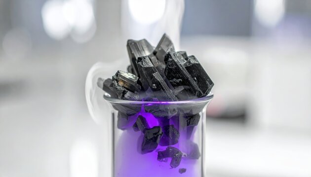 Dramatic sublimation of dark grey iodine crystals into a vibrant purplish gas within a laboratory beaker, showcasing a captivating chemical process.