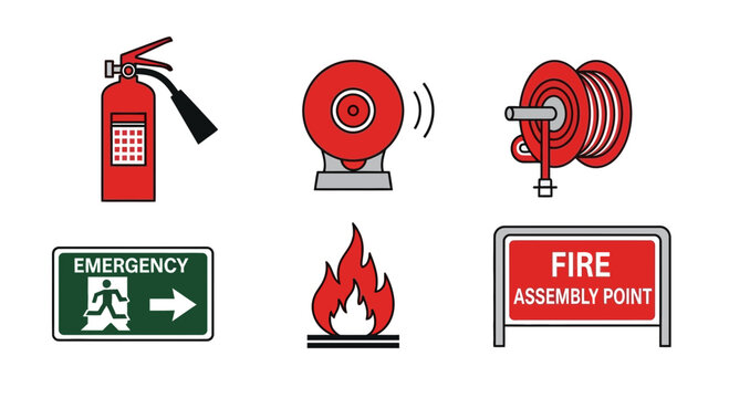 Fire Safety Equipment and Emergency Signage Icons Set