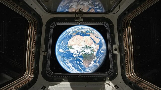 View of the planet from a spacecraft window, showing continents and oceans in space