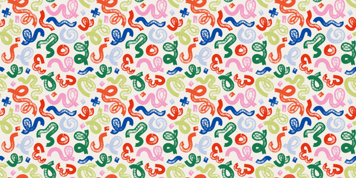 Colorful brush marker seamless pattern with wavy lines, loops and rounded spirals. Hand drawn doodle scribbles in childlike expressive style. Abstract flowing vector background.