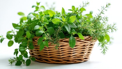 Naklejka premium Woven basket holds fresh green herbs like mint oregano and thyme. Healthy ingredients for cooking or gardening. Natural plants isolated on white background.