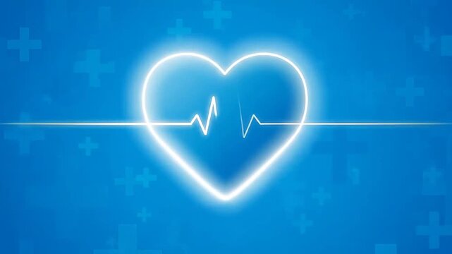 Abstract blue background with medical crosses and a glowing heart shape design