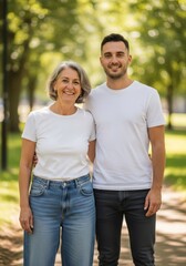 Obraz premium Mature woman and young man standing together in park. Mother and adult son posing for portrait outdoors. Family bonding, love and healthy relationship concept. Smiling relatives together.