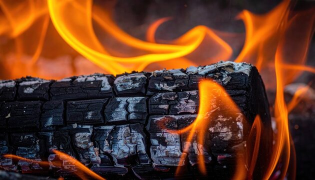 Close-up of a burning log with vibrant orange flames licking its charred surface.