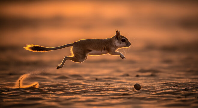 A tiny long-eared jerboa leaps across the desert sands at sunset.