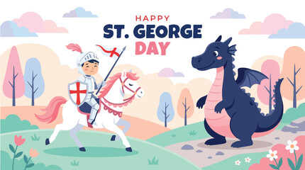 Obraz premium Happy St. George's Day illustration of a knight on horseback fighting a dragon in a colorful landscape