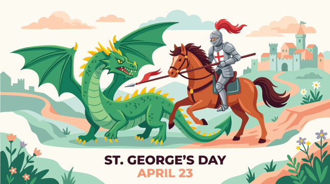 St. George's Day illustration of a knight on horseback battling a dragon on a scenic landscape