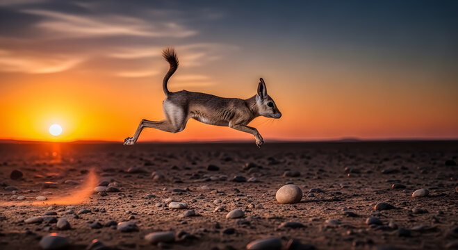 A small jerboa jumps over the rocky desert terrain at sunset.