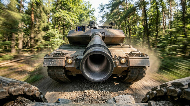 Dramatic low angle fish-eye view of a Leopard 2 main battle tank moving through a forest
