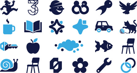 Various cartoon icons for children and everyday objects in blue. © RaziaAkter