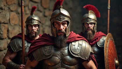Obraz premium Three strong warriors in ancient armor stand ready with spears, shields. Intense expressions, suggesting prepared for battle. Scene rustic, historical feel, martial prowess.