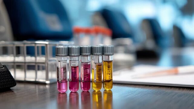 Medium shot capturing a technicians workspace in corporate wellness phlebotomy emphasizing labeled vials in focus with blurred chairs and medical tools behind.