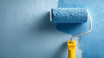 Obraz premium Bright Yellow Roller Paints Blue Texture on Wall with Fresh Finish