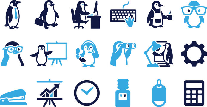 Collection of blue penguin icons representing office work and business activities.
