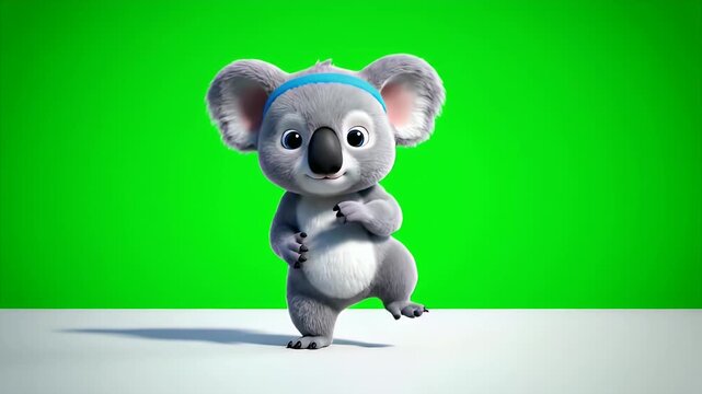 Cute Cartoon Koala Character Wearing a Blue Headband Waving and Dancing Enthusiastically in Front of a Vibrant Green Screen
