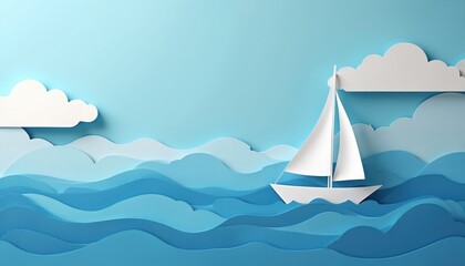 Naklejka premium Paper art boat sails ocean waves under sky. Clouds float above sea. Serene journey, peaceful water, clean design. Minimal, creative, nautical concept for travel and leisure.