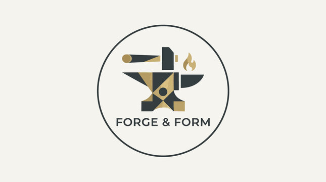 Anvil and hammer icon logo design in gold and black blacksmith forging process stylized geometric shapes industrial strength emblem