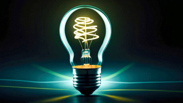Light bulb yellow inner lines blue glow dark background minimal copy space