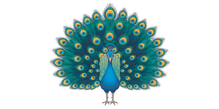 Peacock standing with feathers spread wide.