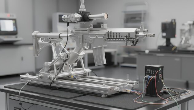 Medium shot of a recoil rig in action precisely simulating firearm recoil cycles with mechanical arms and sensors for function testing and durability analysis.