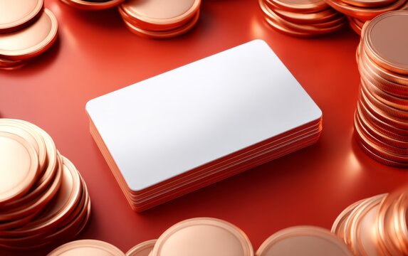 Blank Business Card Surrounded by Copper Coins on A Flat Red Background
