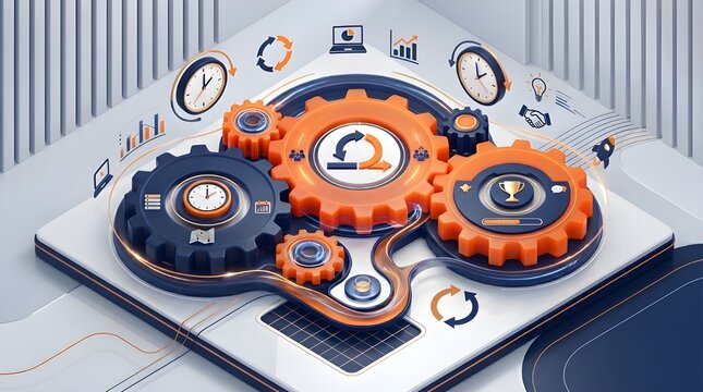 Agile Project Management Concept with Interconnected Gears, Modern Isometric Workflow Optimization and Flexible Business Process Automation