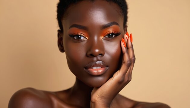 Woman with short hair and vibrant orange makeup touches her face. Her long orange nails and smooth skin glow under soft studio light. She poses confidently with flawless complexion.