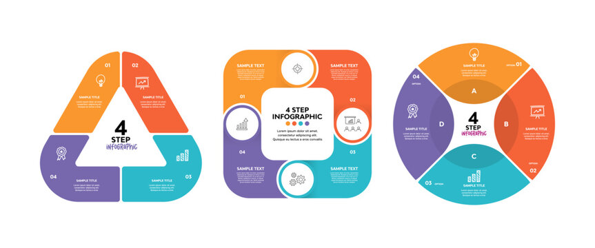 Infographics circle, triangle, square, with 4 options for business presentations, slides, diagrams, charts, banners, posters, web, and annual reports. Vector editable eps