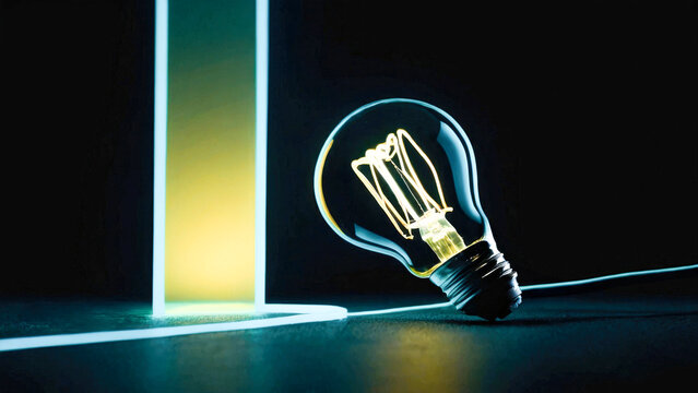 Realistic light bulb yellow internal lines blue neon glow abstract dark background design copy space