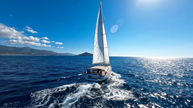 Majestic sailboat cruising on the open sea with white sails catching the wind under a bright sunny sky, perfect for luxury travel and summer vacation promotions.
