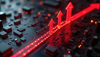 Fototapeta na wymiar Red arrows rise on circuit board. Digital technology growth, electronic components data flow. Business finance market success, future innovation concept. Machine learning abstract background.