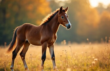 Obraz premium Young brown horse stands in sunny meadow during autumn. Small equine has dark mane and tail. Foal with white stripe on face grazes on grassy field.