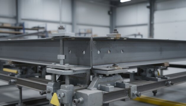 Medium closeup of highcube ISO container frame assembly highlighting precise alignment of top and bottom rails with crossmembers on an advanced mounting jig in a warehouse setting.