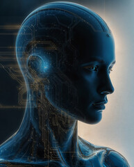 Obraz premium A muted background image of circuitry and the head of a robot symbolizing AI. Colors of blue, black and gold with darker overlay to be used as a presentation slide