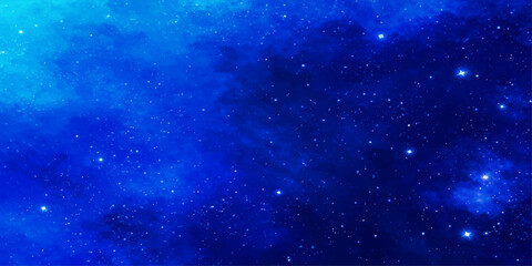 A deep blue abstract universe background features a dark starry night sky filled with a glowing nebula galaxy and fantasy light motion © BIG PROBLEM