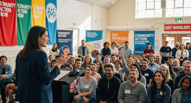 Female speaker addressing a diverse audience at a community event. Engaged adults participating in a public speaking seminar. Networking and learning in a bright hall